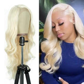 blond synthetic lace wig with long body waves, heat-resistant up to 180 degrees. Get yours at Anellace for a stunning look!